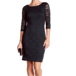 Eliza J Black Lace Overlay 3/4 Sleeve Sheath Dress, Size 2 NWOT